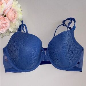Victoria’s Secret Lined Demi Bra 40C Blue Lace Adjustable Straps Front Closure
